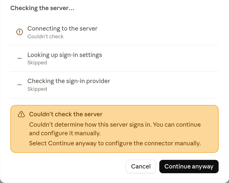 Claude's server check reporting that it couldn't check the server, with a Continue anyway button
